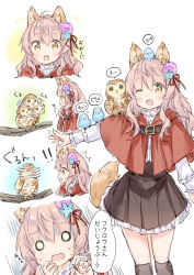Rule 34 | !, !!, 1girl, :o, ;d, ^^^, afterimage, ahoge, animal, animal ear fluff, animal ears, animal on arm, animal on head, animal on shoulder, bird, black skirt, black socks, blue flower, bluebird, blush, branch, brown eyes, capelet, dress shirt, fang, flower, frilled skirt, frills, hair between eyes, hair flower, hair ornament, hair ribbon, hood, hood down, hooded capelet, kneehighs, long hair, long sleeves, multiple views, o o, on head, one eye closed, open mouth, original, outstretched arm, owl, pink flower, pink hair, pleated skirt, red capelet, red ribbon, ribbon, scarf, shirt, skirt, sleeves past wrists, smile, socks, sweat, tail, translation request, turn pale, wataame27, white shirt, wolf-chan (wataame27), wolf ears, wolf girl, wolf tail