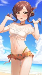 Rule 34 | 1girl, bare shoulders, beach, bikini, blush, bracelet, breasts, brown hair, cloud, cloudy sky, collarbone, commentary, cowboy shot, day, gluteal fold, hair bun, hand in own hair, highres, idolmaster, idolmaster shiny colors, jewelry, kurageso, looking at viewer, medium breasts, mismatched bikini, navel, ocean, off-shoulder bikini, off shoulder, open mouth, osaki amana, outdoors, single hair bun, sky, solo, swimsuit, thigh gap, yellow eyes