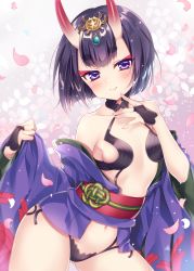 Rule 34 | 1girl, bare shoulders, black hair, blunt bangs, blush, bob cut, breasts, cherry blossoms, commentary request, contrapposto, cowboy shot, eyelashes, fate/grand order, fate (series), finger to mouth, fingerless gloves, fingernails, floral background, flower, gem, gloves, gluteal fold, hair ornament, hikimayu, horns, japanese clothes, kimono, long sleeves, looking at viewer, mitsuba choco, navel, obi, off shoulder, oni, petals, purple eyes, revealing clothes, sash, short hair, shuten douji (fate), skin-covered horns, small breasts, smile, solo, standing, thick eyebrows, wide sleeves