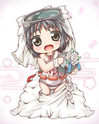 Rule 34 | 10s, 1girl, black eyes, black hair, blush, bridal veil, bride, cherry blossoms, chibi, collar, diving mask, diving mask on head, dress, eyebrows, flower, goggles, goggles on head, heart-shaped lock, jewelry, kantai collection, kuroneko liger, lock, looking at viewer, maru-yu (kancolle), necklace, one-piece swimsuit, open mouth, personification, petals, school swimsuit, short hair, solo, standing, swimsuit, thick eyebrows, veil, wedding dress, white school swimsuit, white one-piece swimsuit