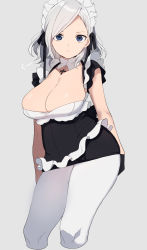 Rule 34 | 1girl, black gloves, black ribbon, blue eyes, breasts, curly hair, dress, gloves, grey background, headband, high heels, highres, large breasts, looking at viewer, maid, maid headdress, monochrome background, original, pantyhose, ribbon, shirasu uni, short hair, simple background, solo, standing, thighs, white hair, white pantyhose