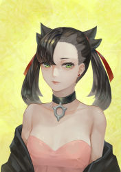 Rule 34 | 1girl, asymmetrical bangs, bare shoulders, black choker, black hair, black jacket, breasts, choker, closed mouth, collarbone, creatures (company), dress, earrings, game freak, green eyes, hair ribbon, jacket, jewelry, long hair, looking at viewer, marnie (pokemon), nintendo, off shoulder, open clothes, open jacket, pink dress, pokemon, pokemon swsh, portrait, red lips, red ribbon, ribbon, scotishfold, small breasts, solo, strapless, strapless dress, twintails, upper body, yellow background