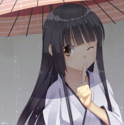Rule 34 | 10s, 1girl, akai ronii, black hair, brown eyes, finger to mouth, japanese clothes, kantai collection, long hair, looking at viewer, one eye closed, rain, shouhou (kancolle), shushing, solo, umbrella