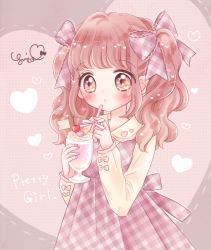 Rule 34 | 1girl, back bow, blush, bow, brown eyes, brown hair, cherry, cup, dress, drinking straw, english text, food, fruit, gingham dress, heart, heart in eye, holding, holding cup, holding straw, mind 08, nail polish, original, parfait, pinafore dress, simple background, sleeveless dress, solo, symbol in eye, tareme, twintails