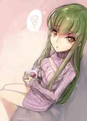 Rule 34 | 1girl, breasts, c.c., code geass, commentary request, creayus, cup, drinking glass, food, green hair, hair over shoulder, holding, holding cup, long hair, looking at viewer, medium breasts, meme attire, open-chest sweater, open mouth, pizza, pizza slice, sitting, solo, spoken food, sweater, twitter username, very long hair, yellow eyes