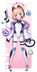 Rule 34 | 1girl, :d, ^ ^, animal ear headphones, animal ears, black bodysuit, blonde hair, blue archive, blush, bodysuit, bow, breasts, cat ears, cat girl, cat tail, charm (object), closed eyes, commentary, covered navel, covering own mouth, crotch zipper, english commentary, eyelashes, fake animal ears, fang, finger on trigger, full body, gloves, gradient background, gun, hair bow, halo, hand up, handgun, headphones, highres, holding, holding gun, holding weapon, jacket, jitome, knee pads, long sleeves, looking at another, looking at viewer, medium hair, momoi (blue archive), multicolored bodysuit, multicolored clothes, off shoulder, open clothes, open jacket, open mouth, paid reward available, pink background, pink bodysuit, pink gloves, pistol, puffy long sleeves, puffy sleeves, red bow, red eyes, saebashi, sidelocks, simple background, skin fang, skindentation, sleeves past wrists, small breasts, smile, solo, standing, tail, thigh strap, two-tone gloves, v-shaped eyebrows, weapon, white background, white bodysuit, white gloves, white jacket, zipper