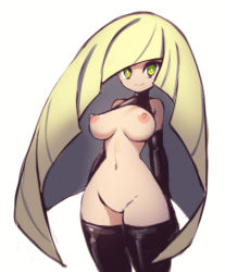 Rule 34 | 1girl, bare shoulders, big hair, black gloves, black thighhighs, blonde hair, breasts, bright pupils, closed mouth, creatures (company), elbow gloves, game freak, gloves, green eyes, highres, large breasts, long hair, lusamine (pokemon), navel, nintendo, nipples, no nose, nude, perky breasts, pokemon, pokemon sm, simple background, smile, solo, somesome, standing, stomach, thighhighs, turtleneck, very long hair, white background, white pupils, wide hips
