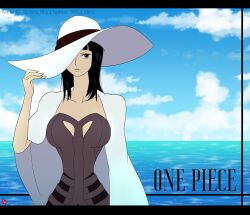 Rule 34 | 1girl, black hair, blunt bangs, cape, chris re5, cloud, commentary, copyright name, dress, english commentary, hand on headwear, instagram username, large hat, letterboxed, looking at viewer, medium hair, nico robin, ocean, one piece, one piece: baron omatsuri and the secret island, purple dress, sky, solo, twitter username, upper body, white cape, white headwear