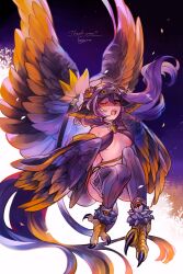 Rule 34 | 1girl, animal ears, animal feet, bird ears, breasts, commentary request, eye mask, feathered wings, feathers, flower, hair flower, hair ornament, harpy, highres, hogara, long hair, medium breasts, monster girl, multiple wings, one eye closed, open mouth, orange eyes, orange feathers, orange wings, original, partially feathered tail, purple feathers, purple hair, purple thighhighs, purple wings, ribbed thighhighs, solo, tail, tail ornament, tail ring, talons, thighhighs, two-tone wings, winged arms, wings, yawning