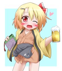 Rule 34 | 1girl, alternate costume, apron, beer mug, blonde hair, blush stickers, collarbone, cup, fang, hair ornament, hair ribbon, hairclip, hanten (clothes), heart, japanese clothes, kimono, long sleeves, looking at viewer, mug, oden (th-inaba), one eye closed, open clothes, open kimono, open mouth, red eyes, ribbon, rumia, short kimono, smile, solo, touhou, waist apron, waitress, wide sleeves