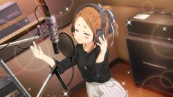 Rule 34 | 1girl, 22/7, 22/7 ongaku no jikan, :3, amplifier, black shirt, blush stickers, bow, brown hair, closed eyes, closed mouth, from above, game cg, hair bow, hair ribbon, hand on own ear, hand up, headphones, high ponytail, highres, indoors, jewelry, kono miyako, lens flare, long hair, microphone, necklace, official art, ribbon, shirt, shorts, solo, sparkle, standing, studio, upper body, uwu, white shorts