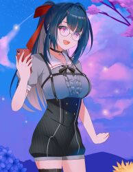 Rule 34 | + +, 1girl, black choker, black ribbon, blue eyes, blue flower, bow, breast strap, breasts, cellphone, choker, cloud, flower, glasses, hair bow, highres, hina misora, holding, holding phone, looking at viewer, medium breasts, mountainous horizon, nail polish, official alternate costume, orange flower, phone, pink nails, ponytail, purple eyes, red bow, ribbon, round eyewear, sky, smartphone, smile, solo, soul carrier, spanish commentary, symbol-shaped pupils, thigh strap, virtual youtuber, wactor production