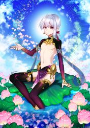 Rule 34 | 1boy, asymmetrical bangs, bare pectorals, bare shoulders, child, earrings, fate/grand order, fate (series), flower, genderswap, genderswap (ftm), jewelry, kama (fate), kama (first ascension) (fate), lily pad, long hair, looking at viewer, lotus, low-tied long hair, male focus, no nipples, outstretched arm, pectorals, pelvic curtain, pin1004, recursive genderswap, red eyes, shrug (clothing), sitting, solo, thighhighs, twitter username, water
