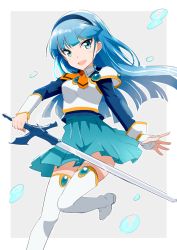 Rule 34 | 1girl, :d, armor, blue eyes, blue hair, blue hairband, blue skirt, blue sleeves, boots, fingerless gloves, floating hair, gloves, gotyou, grey background, hairband, holding, holding sword, holding weapon, long hair, long sleeves, looking at viewer, magic knight rayearth, miniskirt, open mouth, pleated skirt, ryuuzaki umi, shoulder armor, sketch, skirt, smile, solo, standing, standing on one leg, sword, thigh boots, thighhighs, weapon, white background, white footwear, white gloves, zettai ryouiki