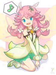 Rule 34 | 1girl, :d, bare shoulders, blue eyes, detached sleeves, dragalia lost, dress, fairy, fairy wings, fang, feather hair ornament, feathers, flower, full body, hair flower, hair ornament, long hair, looking at viewer, musical note, notte (dragalia lost), open mouth, pink hair, sitting, skin fang, smile, solo, spoken musical note, takasaka light, wariza, wings