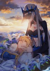Rule 34 | 2girls, ahoge, artoria pendragon (fate), artoria pendragon (lancer) (fate), bad id, bad twitter id, blonde hair, blue flower, breasts, cape, cleavage, closed eyes, cloud, collarbone, fate/apocrypha, fate/grand order, fate (series), flower, frown, fur trim, hair between eyes, highres, incest, lap pillow, large breasts, leaf, lily (flower), long hair, long sleeves, morgan le fay (fate), multiple girls, siblings, sisters, sunset, tattoo, upper body, veil, very long hair, white cape, white flower, wide sleeves, yorukun, yuri