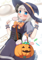 Rule 34 | 1girl, artist name, blue eyes, blush, bow, bowtie, breasts, candy, closed mouth, collar, collared shirt, dress, eyes visible through hair, food, ghost, grey hair, grey shirt, halloween, hands up, hat, highres, jack-o&#039;-lantern, konpaku youmu, konpaku youmu (ghost), lollipop, looking at viewer, medium breasts, puffy short sleeves, puffy sleeves, pumpkin, purple dress, purple hat, rital, shirt, short hair, short sleeves, smile, solo, standing, star (symbol), star tattoo, starry background, tattoo, tongue, tongue out, touhou, witch hat, wrist cuffs, yellow bow, yellow bowtie