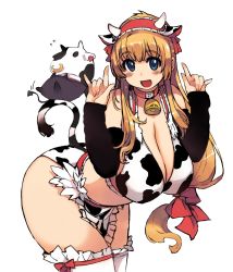 Rule 34 | 1girl, animal costume, animal print, apron, bell, bent over, bikini, blonde hair, blue eyes, blush, breasts, cleavage, collar, cow, cow costume, cow girl, cow horns, cow print, cow tail, cowbell, curvy, detached sleeves, deviruchi, fake horns, hair ribbon, hairband, horns, large breasts, long hair, low-tied long hair, m/, mil (xration), neck bell, ragnarok online, red ribbon, ribbon, solo, swimsuit, tail, thighhighs, waist apron, white thighhighs, whitesmith (ragnarok online)