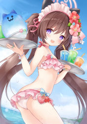 Rule 34 | 1girl, animal ears, ass, bad id, bad pixiv id, bikini, blue archive, blush, bracelet, breasts, brown hair, cat ears, commentary request, cup, drinking glass, flower, food, frilled bikini, frills, hair flower, hair ornament, halo, highres, jewelry, kata rosu, long hair, looking at viewer, navel, official alternate costume, official alternate hairstyle, open mouth, purple eyes, ring, shaved ice, shizuko (blue archive), shizuko (swimsuit) (blue archive), small breasts, smile, solo, swimsuit, tray, twintails, very long hair, waitress