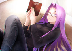 Rule 34 | 1girl, black sweater, book, breasts, chair, denim, fate/stay night, fate (series), female focus, forehead, glasses, highres, holding, holding book, jeans, large breasts, long hair, looking at viewer, matching hair/eyes, medusa (fate), medusa (rider) (fate), minami koyogi, pants, parted bangs, parted lips, purple eyes, purple hair, sidelocks, solo, square pupils, sweater, very long hair