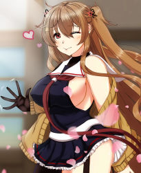 Rule 34 | 1girl, absurdres, bare shoulders, breasts, brown hair, covered erect nipples, highres, kantai collection, large breasts, long hair, murasame (kancolle), murasame kai ni (kancolle), one eye closed, red eyes, shigatsu (soratobuusagi), sideboob, solo, sweater, twintails, very long hair, yellow sweater
