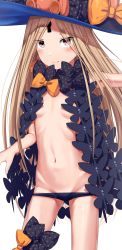 Rule 34 | 1girl, abigail williams (fate), abigail williams (second ascension) (fate), absurdres, black bow, black hat, black panties, blonde hair, blush, bow, closed mouth, commentary request, fate/grand order, fate (series), groin, hat, hat bow, highres, keyhole, long hair, looking at viewer, lowleg, lowleg panties, navel, orange bow, panties, parted bangs, print bow, red eyes, revealing clothes, sanpeita, skull print, smile, solo, star (symbol), star print, stuffed animal, stuffed toy, teddy bear, topless, underwear, very long hair, witch hat