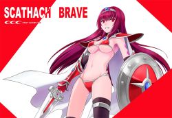 Rule 34 | 1girl, armor, asymmetrical legwear, bikini armor, black thighhighs, breasts, cape, cosplay, cowboy shot, crown, earrings, elbow gloves, elizabeth bathory (brave) (fate), elizabeth bathory (brave) (fate) (cosplay), elizabeth bathory (fate), fate/grand order, fate (series), gauntlets, gloves, gluteal fold, hair between eyes, hair ornament, jewelry, large breasts, long hair, mismatched legwear, navel, necklace, open mouth, parted lips, pauldrons, purple hair, red armor, red eyes, red gloves, scathach (fate), shield, shirotsumekusa, shoulder armor, solo, standing, sword, thighhighs, tiara, underboob, uneven legwear, weapon