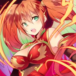 Rule 34 | 1girl, bare shoulders, breasts, brown hair, elbow gloves, fire, gloves, kaki s, leilan (p&amp;d), leiran (p&amp;d), long hair, open mouth, puzzle &amp; dragons, solo, twintails