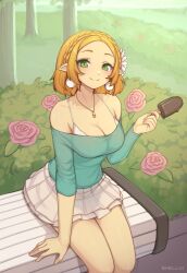 Rule 34 | 1girl, bench, blonde hair, braid, breasts, bush, cleavage, closed mouth, commentary, earrings, elf, flower, food, frilled skirt, frills, green eyes, green shirt, hair flower, hair ornament, highres, jewelry, long sleeves, medium breasts, miniskirt, nintendo, off-shoulder shirt, off shoulder, pearl earrings, pink flower, pink rose, pointy ears, popsicle, princess zelda, rose, shellvi, shirt, short hair, sitting, skirt, smile, solo, symbol-only commentary, the legend of zelda, the legend of zelda: tears of the kingdom, thighs, tree, white skirt
