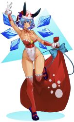 Rule 34 | 1girl, animal ears, bell, blue bow, blue eyes, blue hair, bow, breasts, christmas, cirno, cleavage, commentary, covered navel, dark-skinned female, dark skin, detached wings, english commentary, full body, fur trim, gloves, hat, highres, ice, ice wings, large breasts, leotard, looking at viewer, playboy bunny, pointy ears, rabbit ears, red thighhighs, sack, santa costume, santa hat, short hair, smile, solo, standing, standing on one leg, tanned cirno, thighhighs, tomatolover16, touhou, white gloves, white leotard, wings