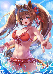 Rule 34 | 1girl, 3 reversible, animal ears, antenna hair, armpits, arms behind head, bikini, bow, breasts, brown hair, cleavage, commentary request, cowboy shot, daiwa scarlet (trifle vacation) (umamusume), daiwa scarlet (umamusume), fang, frilled bikini, frills, front-tie bikini top, front-tie top, hair bow, hair intakes, halterneck, highres, horse ears, horse girl, jewelry, large breasts, long hair, looking at viewer, navel, necklace, red bikini, red bow, red eyes, solo, swimsuit, tiara, twintails, umamusume, very long hair
