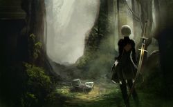 Rule 34 | 1girl, back cutout, basket, black gloves, clothing cutout, floating, floating weapon, gloves, grass, highres, light particles, light rays, momokurianzu, moss, nature, nier (series), nier:automata, outdoors, puffy sleeves, robot, short hair, solo, standing, sword, tree, turtleneck, weapon, white hair, 2b (nier:automata)