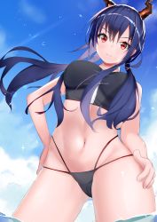 Rule 34 | 1girl, absurdres, arknights, bikini, black bikini, blue hair, blue sky, breasts, ch&#039;en (arknights), ch'en (arknights), cloud, commentary, cowboy shot, day, dragon horns, female tourist c (arknights), gluteal fold, groin, hair between eyes, hand on own hip, highres, horns, huge filesize, kotoha (kotoha65), large breasts, long hair, looking at viewer, multi-strapped bikini, navel, official alternate costume, outdoors, red eyes, sky, solo, standing, stomach, swimsuit, thighs, wading, water