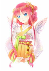 Rule 34 | 1girl, artist name, bad id, bad pixiv id, blue eyes, floral print, flower, hair flower, hair ornament, highres, kaminary, looking at viewer, original, pink hair, see-through, short hair with long locks, solo, star (symbol), star hair ornament, upper body, white background, wings
