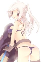 Rule 34 | 1girl, ass, bad id, bad twitter id, bikini, blush, breasts, butt crack, cape, cleavage, fire emblem, fire emblem awakening, gloves, large breasts, long hair, looking at viewer, nintendo, open mouth, robin (female) (fire emblem), robin (fire emblem), smile, solo, swimsuit, teu (navy), twintails, white hair