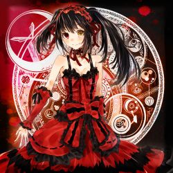 Rule 34 | 10s, 1girl, bare shoulders, black hair, breasts, cleavage, clock, clock eyes, crescent, date a live, dress, english text, erurun39, gears, hairband, heterochromia, horoscope, lolita fashion, lolita hairband, long hair, looking at viewer, magic circle, red eyes, ribbon, roman numeral, smile, solo, symbol-shaped pupils, tokisaki kurumi, twintails, uneven twintails, yellow eyes