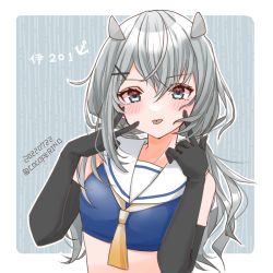 Rule 34 | 1girl, black gloves, cocoperino, commentary request, crop top, elbow gloves, fake horns, gloves, gradient neckerchief, grey eyes, grey hair, horned headwear, horns, i-201 (kancolle), kantai collection, long hair, neckerchief, one-hour drawing challenge, sailor collar, solo, striped, striped background, tongue, tongue out, twitter username, upper body, white neckerchief, white sailor collar