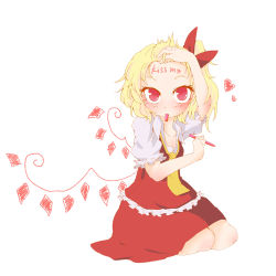 Rule 34 | 1girl, ascot, bacho, blonde hair, blush, bow, crayon, dress, embodiment of scarlet devil, english text, female focus, flandre scarlet, forehead, hair bow, hair ornament, heart, highres, kneeling, looking at viewer, no headwear, red eyes, short hair, side ponytail, simple background, solo, touhou, white background, wings