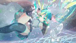 Rule 34 | 1girl, aqua hair, breasts, covered erect nipples, detached sleeves, flat chest, floating hair, green eyes, gumo, hatsune miku, highres, long hair, necktie, open mouth, panties, skirt, solo, striped clothes, striped panties, thighhighs, torn clothes, torn panties, twintails, underwater, underwear, vocaloid