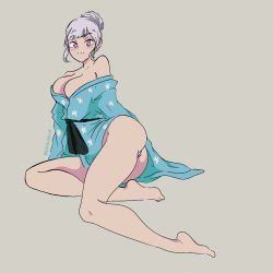 Rule 34 | 1girl, ass, black clover, blush, breasts, cleavage, cleft of venus, feet, grey hair, japanese clothes, kimono, large breasts, legs, looking at viewer, lying, no bra, no panties, noelle silva, on side, pinkykkat, purple eyes, pussy, simple background