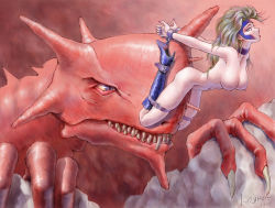 Rule 34 | 1girl, arched back, bdsm, bestiality, blonde hair, blood, bondage, boots, bound, bound together, breasts, buckle, chain, collar, cuffs, dragon, earrings, hanging breasts, high heels, horns, interspecies, jewelry, kojiro, kojirou (underground sample files), large breasts, large insertion, monster, nipples, nude, object insertion, open mouth, pussy juice, rape, shoes, solo
