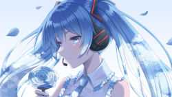 Rule 34 | 1girl, absurdres, blue background, blue eyes, blue flower, blue hair, blue necktie, blue rose, closed mouth, collared shirt, commentary request, flower, frilled shirt, frilled shirt collar, frills, gradient background, hair between eyes, hatsune miku, headphones, highres, holding, holding flower, long hair, necktie, petals, rose, seungju lee, shirt, sleeveless, sleeveless shirt, smile, solo, upper body, vocaloid, white background, white shirt
