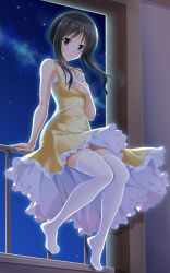 Rule 34 | 1girl, absurdres, arm support, bare arms, bare shoulders, bashen chenyue, black eyes, black hair, blush, breasts, dress, frilled dress, frills, full body, hand up, highres, indoors, long hair, looking at viewer, memories off, night, night sky, no shoes, parted lips, railing, sitting, sky, sleeveless, sleeveless dress, small breasts, smile, solo, star (sky), starry sky, thighhighs, white thighhighs, window, yellow dress