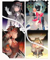 Rule 34 | 5girls, absurdres, akemi homura, apple, black background, black capelet, black hair, black ribbon, black skin, blood, blood on face, blue dress, blue eyes, blue hair, blue sleeves, bow, bowtie, burnt, cape, capelet, chain, charlotte (madoka magica), closed mouth, colored skin, commentary, detached sleeves, dress, eighth note, english commentary, evil grin, evil smile, food, fortissimo, fruit, gloves, grey sleeves, grin, hair ornament, hair ribbon, hairband, hand up, hands on another&#039;s shoulders, headless, highres, holding, holding food, holding fruit, kaname madoka, long hair, long sleeves, looking at viewer, magical girl, mahou shoujo madoka magica, mahou shoujo madoka magica: hangyaku no monogatari, mami mogu mogu, miki sayaka, multiple girls, musical note, musical note hair ornament, neck ribbon, oktavia von seckendorff, open mouth, parted lips, polearm, ponytail, purple eyes, purple ribbon, quaver, red bow, red bowtie, red dress, red eyes, red hair, red hairband, ribbon, rin lingsong, sakura kyoko, scar, scar on arm, semiquaver, shirt, short hair, sixteenth note, skirt, smile, spoilers, strapless, strapless dress, teeth, tomoe mami, torn clothes, weapon, white background, white cape, white gloves, white shirt, yellow ribbon, yellow skirt