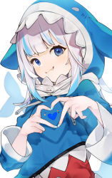 Rule 34 | 1girl, animal hood, blue eyes, blue hair, blue hoodie, blue nails, blunt bangs, blush, breasts, commentary, fang, fang out, fingernails, gawr gura, gawr gura (1st costume), heart, heart hands, highres, hololive, hololive english, hood, hoodie, long sleeves, looking at viewer, mimizuku (mmiganaru), multicolored hair, nail polish, shadow, shark hood, sidelocks, simple background, small breasts, smile, solo, symbol-only commentary, two-tone hair, two side up, upper body, virtual youtuber, white background, white hair