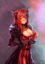 Rule 34 | 10s, 1girl, blush, bow (bhp), breasts, choker, cleavage, fur trim, highres, horns, huge breasts, large breasts, looking at viewer, maou (maoyuu), maoyuu maou yuusha, nervous, red eyes, red hair, smile, solo