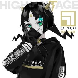 Rule 34 | 1girl, black choker, black hair, black hoodie, choker, colored skin, commentary request, covered mouth, drawstring, facial mark, forehead mark, green eyes, grey skin, hand up, head tilt, highres, hood, hood down, hoodie, horns, lam (ramdayo), lightning bolt symbol, long hair, long sleeves, looking at viewer, original, parted bangs, short eyebrows, sleeves past wrists, solo, thick eyebrows, tomoe (symbol), upper body, white background