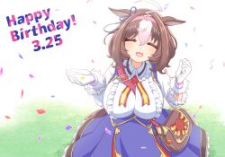 Rule 34 | 1girl, ahoge, animal ears, bag, between breasts, blue dress, blush, breasts, brown hair, closed eyes, collared shirt, commentary request, confetti, dated, dress, facing viewer, gloves, grass, hairband, hands up, happy birthday, hihiqhi, horse ears, horse girl, horse tail, large breasts, long sleeves, medium hair, meisho doto (umamusume), multicolored hair, open mouth, outdoors, shirt, shoulder bag, smile, solo, standing, strap between breasts, tail, twitter username, two-tone hair, umamusume, watermark, white gloves, white shirt