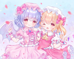 Rule 34 | 2girls, ;p, absurdres, ascot, bad id, bad pixiv id, bat wings, blonde hair, bow, brooch, dress, embodiment of scarlet devil, flandre scarlet, frills, hat, hat ribbon, highres, jewelry, light purple hair, lolita fashion, looking at viewer, mob cap, multiple girls, omochi monaka, one eye closed, open mouth, pink dress, puffy short sleeves, puffy sleeves, red bow, red eyes, red vest, remilia scarlet, ribbon, ribbon trim, short hair, short sleeves, siblings, side ponytail, sisters, smile, tongue, tongue out, touhou, vest, wings, wrist cuffs, yume kawaii