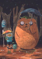 Rule 34 | 1boy, adventure time, ayamee, backpack, bag, blue shirt, blue shorts, bmo, bus stop, closed mouth, dog, finn the human, forest, game console, highres, holding, holding leaf, holding umbrella, hood, hood up, jake the dog, leaf, male focus, nature, outdoors, parody, rain, shirt, shorts, smile, tonari no totoro, totoro bus stop, umbrella, water drop
